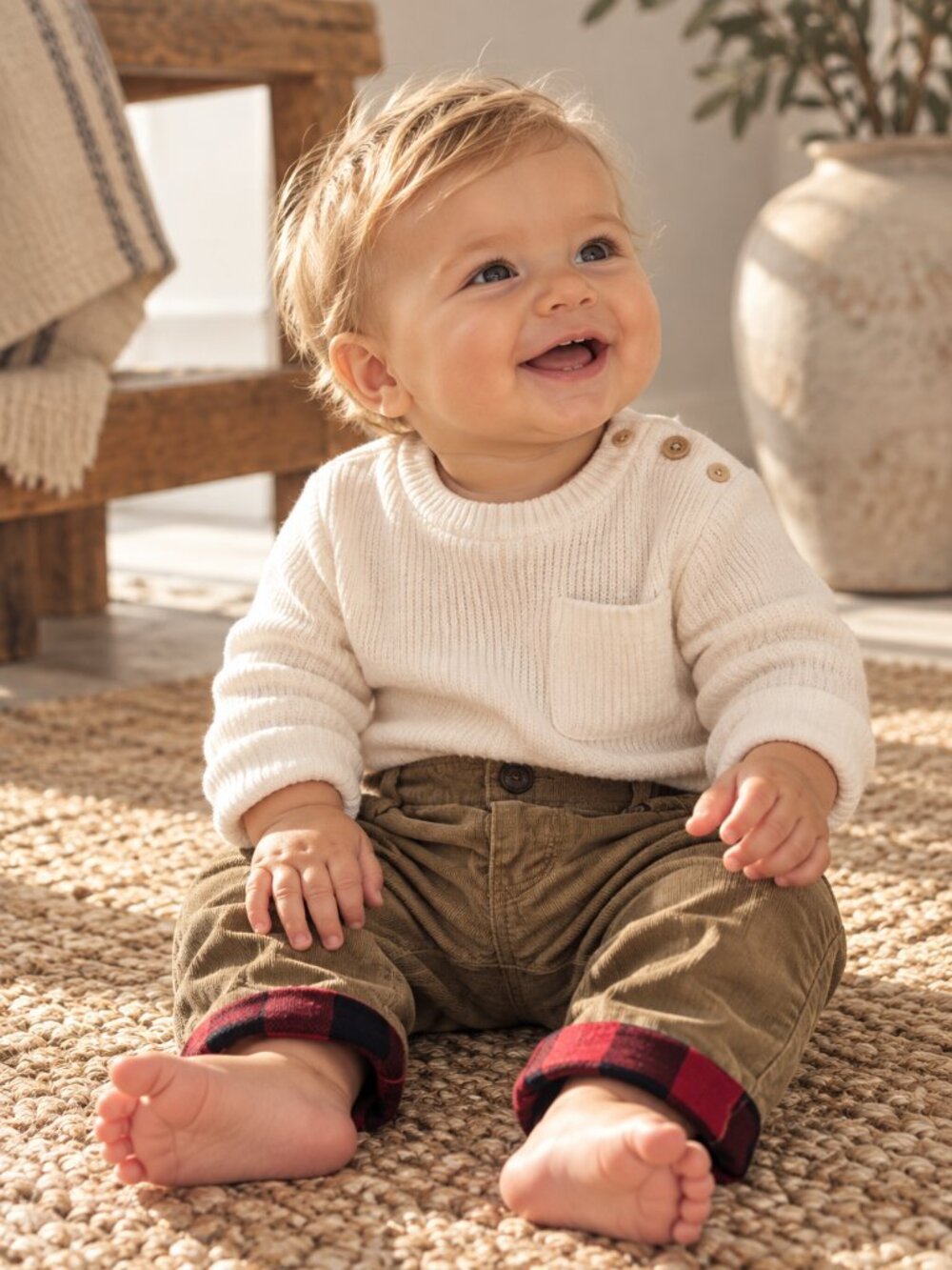 Baby Gap Corduroy Pants Plaid Lined Khaki Pull On Trousers 3-6 Months
